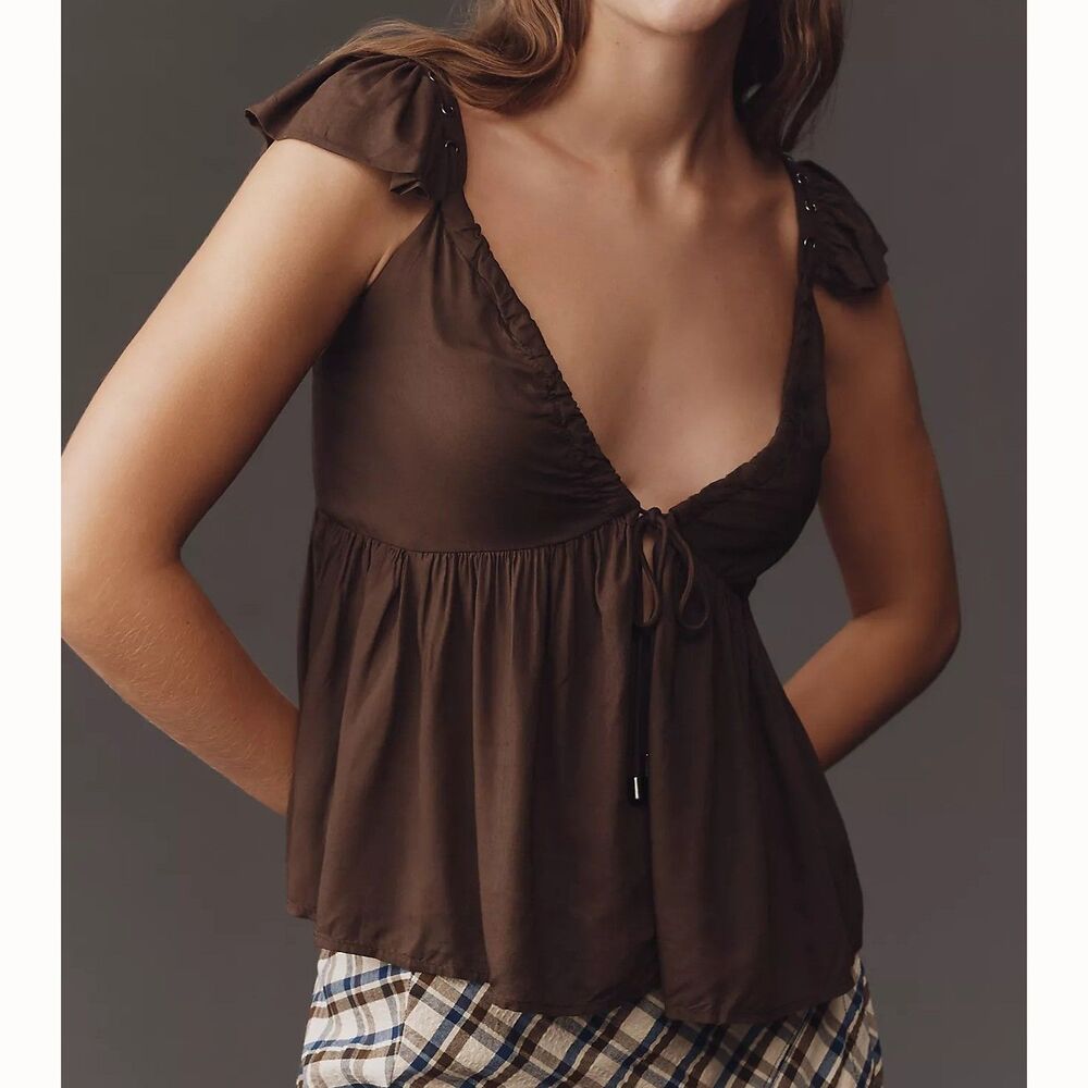By Anthropologie Scoop-Neck Ruffle Blouse Top Cropped Pullover Olive XS 291462
